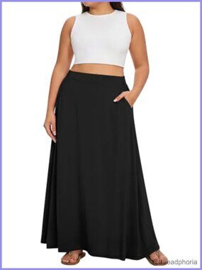 Plus Size Maxi Skirt A-Line Flowy High Waist Long Skirt with Pockets